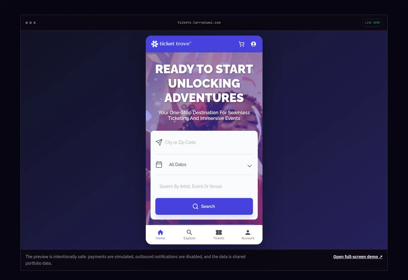 Mobile Ticket Trove event-discovery experience inside the verified interactive demo.