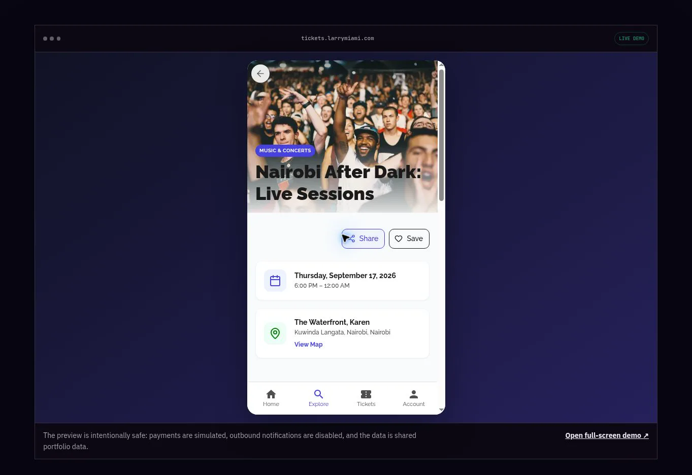 Live Ticket Trove mobile event-detail page