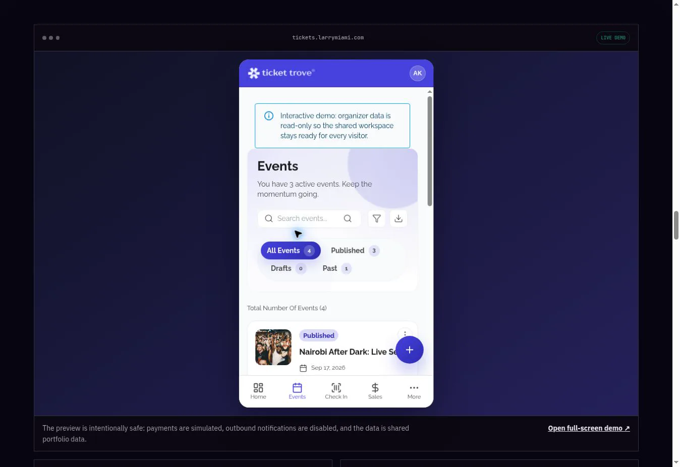 Mobile organizer events workspace showing seeded inventory and sales progress