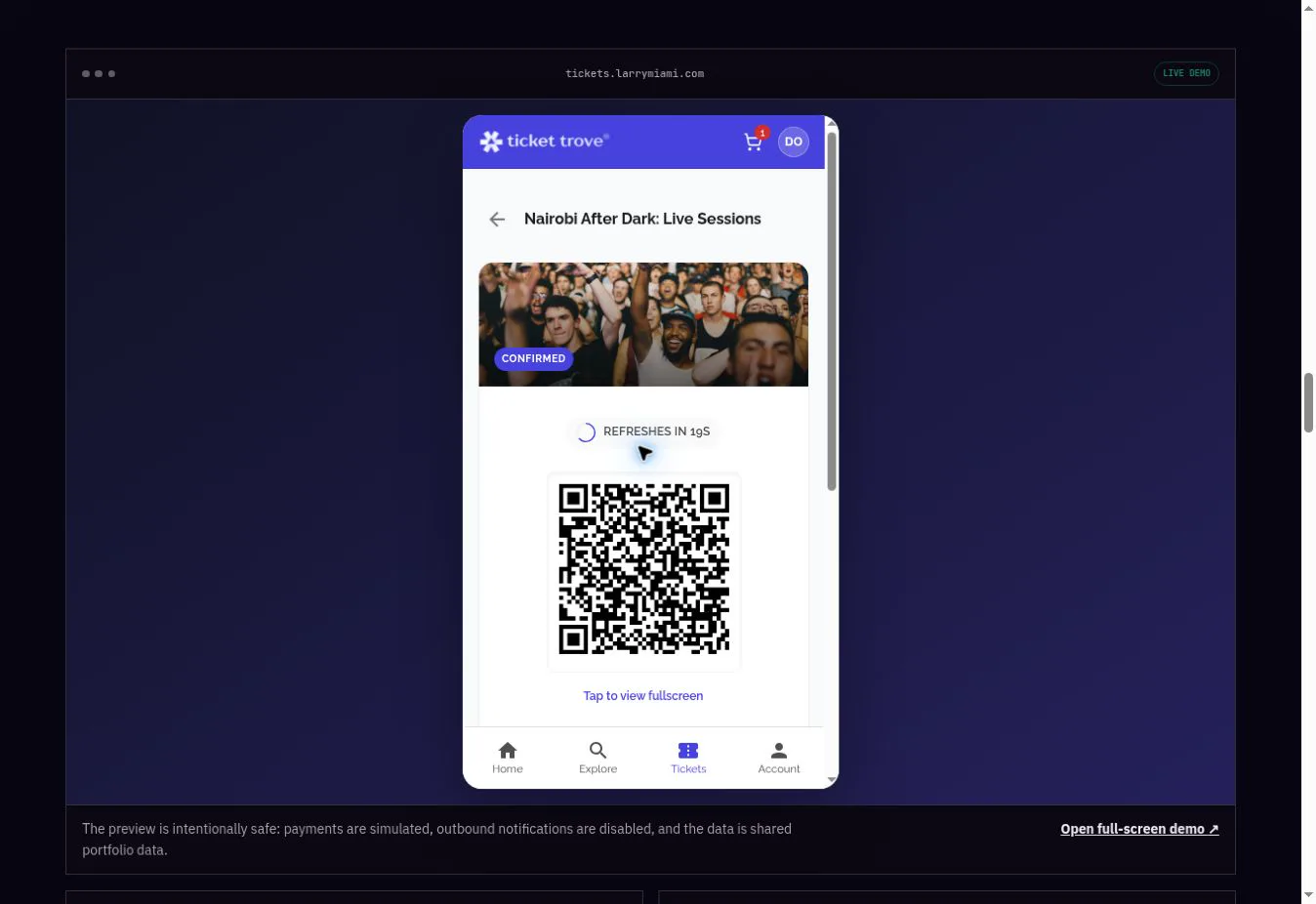 Mobile issued Ticket Trove pass with rotating QR code