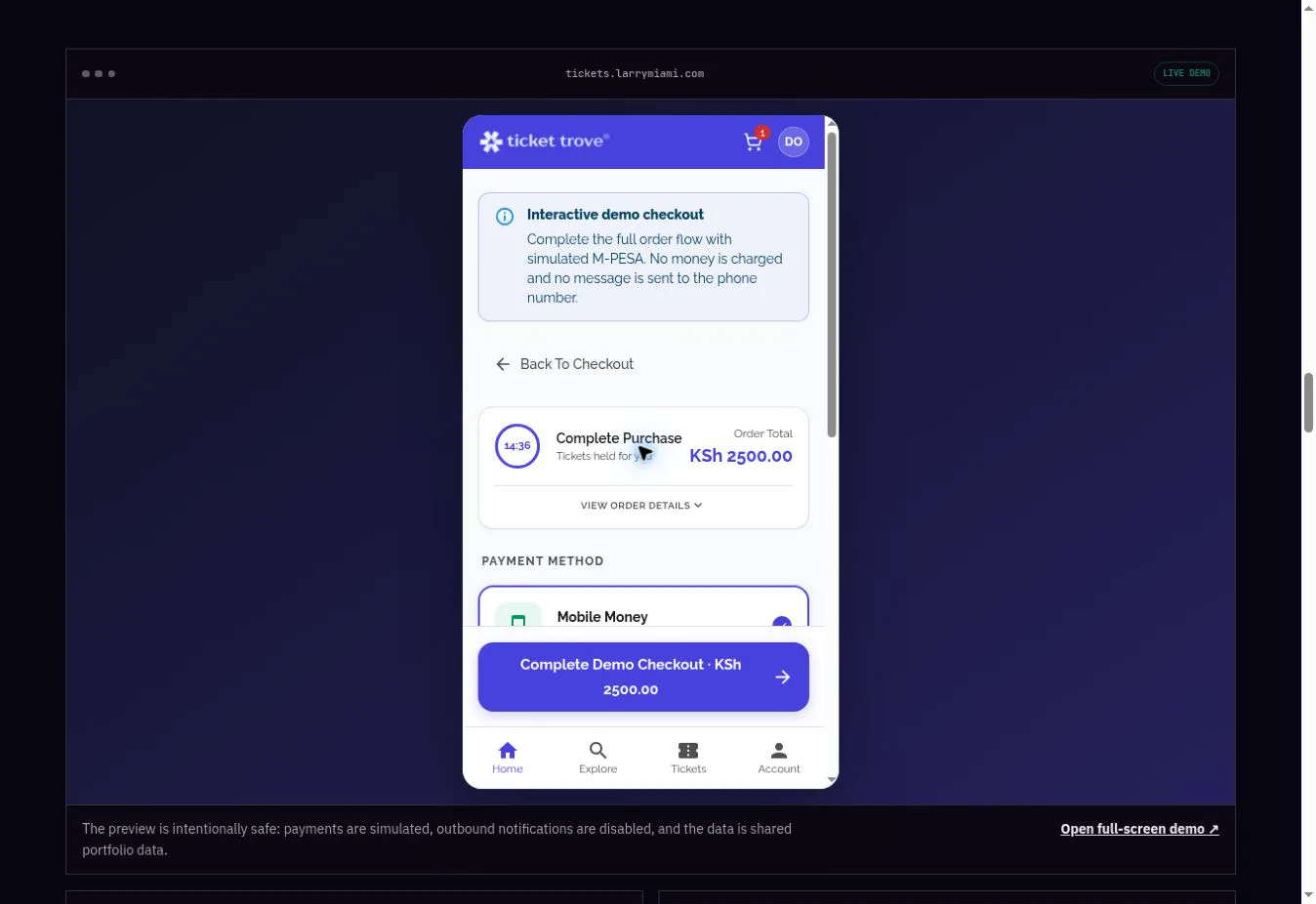 Mobile simulated M-PESA checkout with no-charge disclosure
