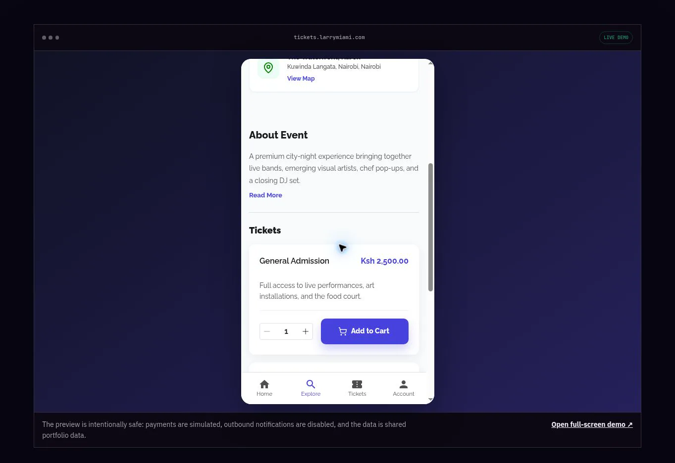 Mobile Ticket Trove ticket-tier selection with an add-to-cart action